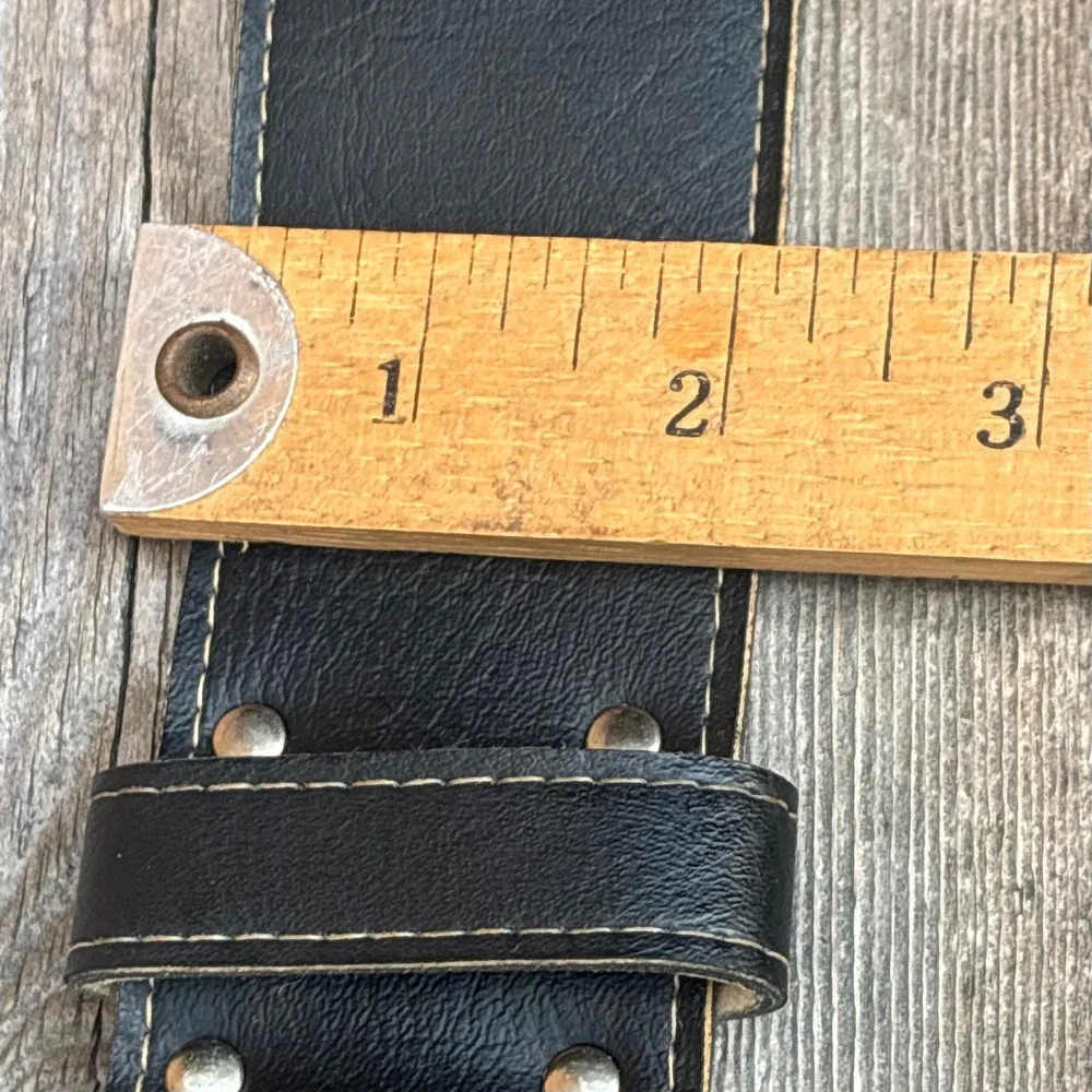 Vintage Wide Black Leather Waist Belt Covered Square Buckle Contrast Stitching